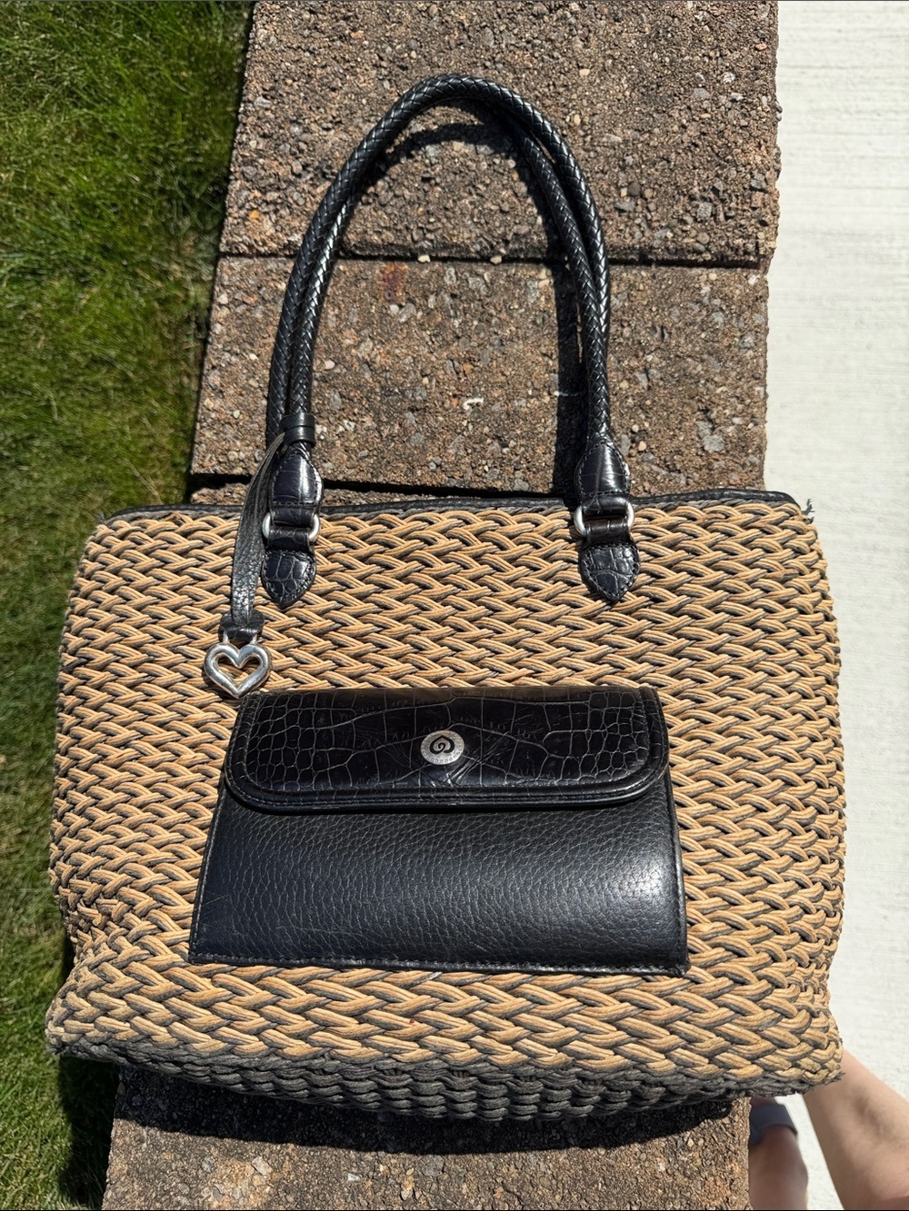 Brighton Black and Natural Woven Tote with Heart Charm
